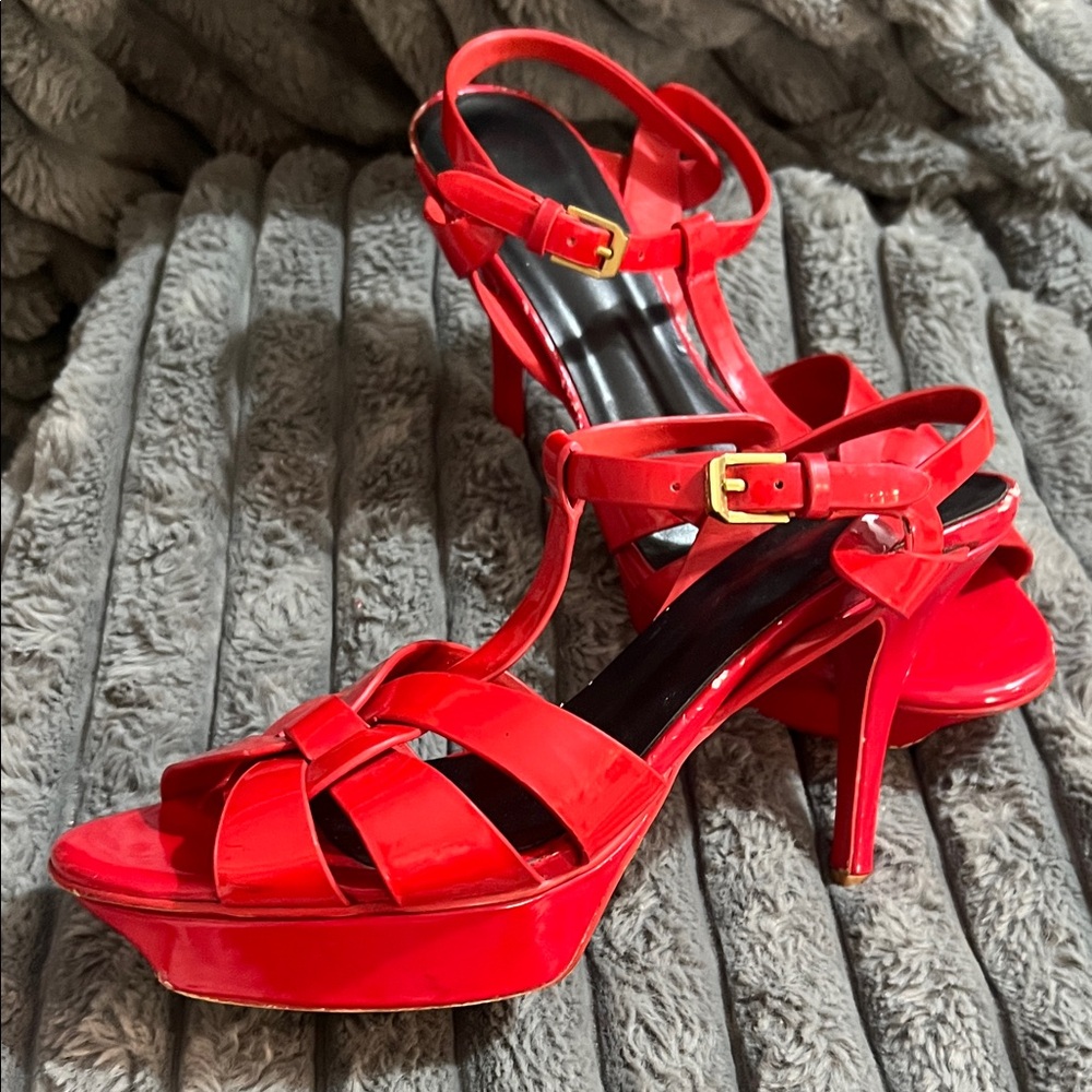 YSL Saint Laurent Red Patent Strappy Platform Heels - Picture 12 of 13